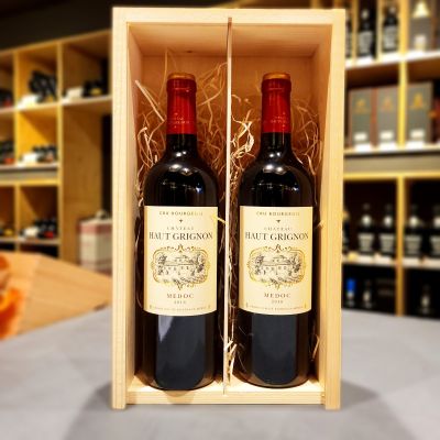 2 flessen Château Haut Grignon Médoc Cru Bourgeois 2016 in houten kist